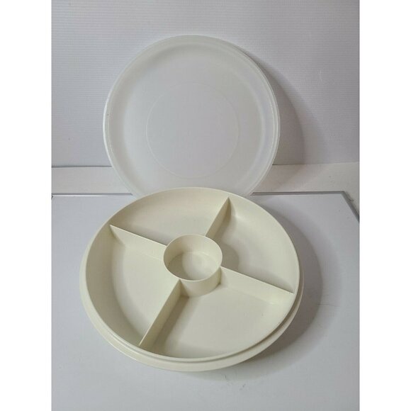 VINTAGE Tupperware Vegetable Chip Dip Round Divided Serving Dish Tray With Lid - Picture 6 of 7